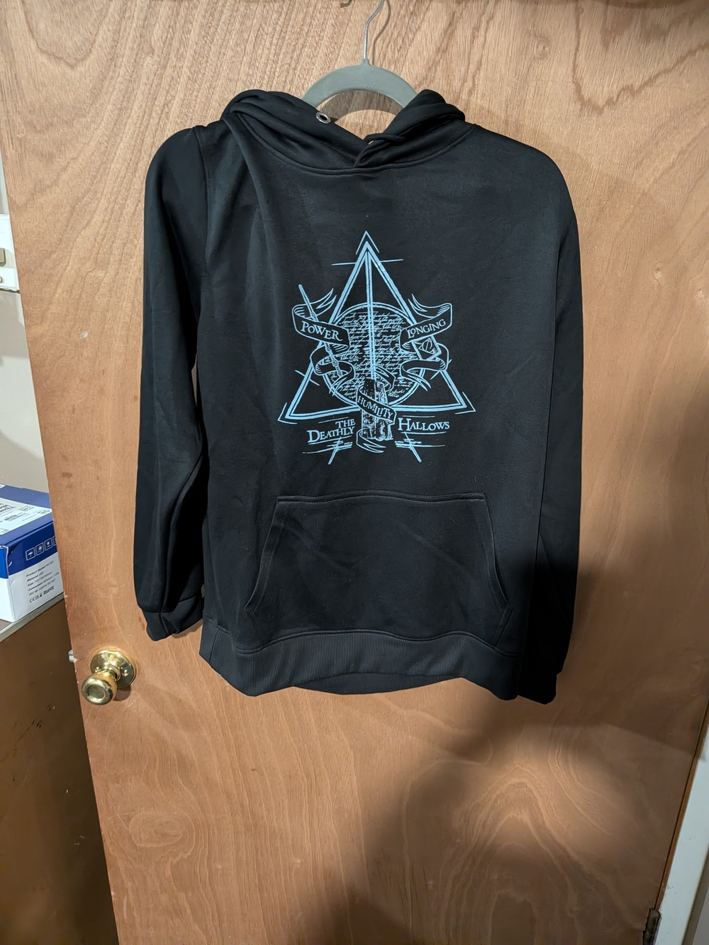 Black Hoodie with Blue Graphic - The Deathly Hallows Design